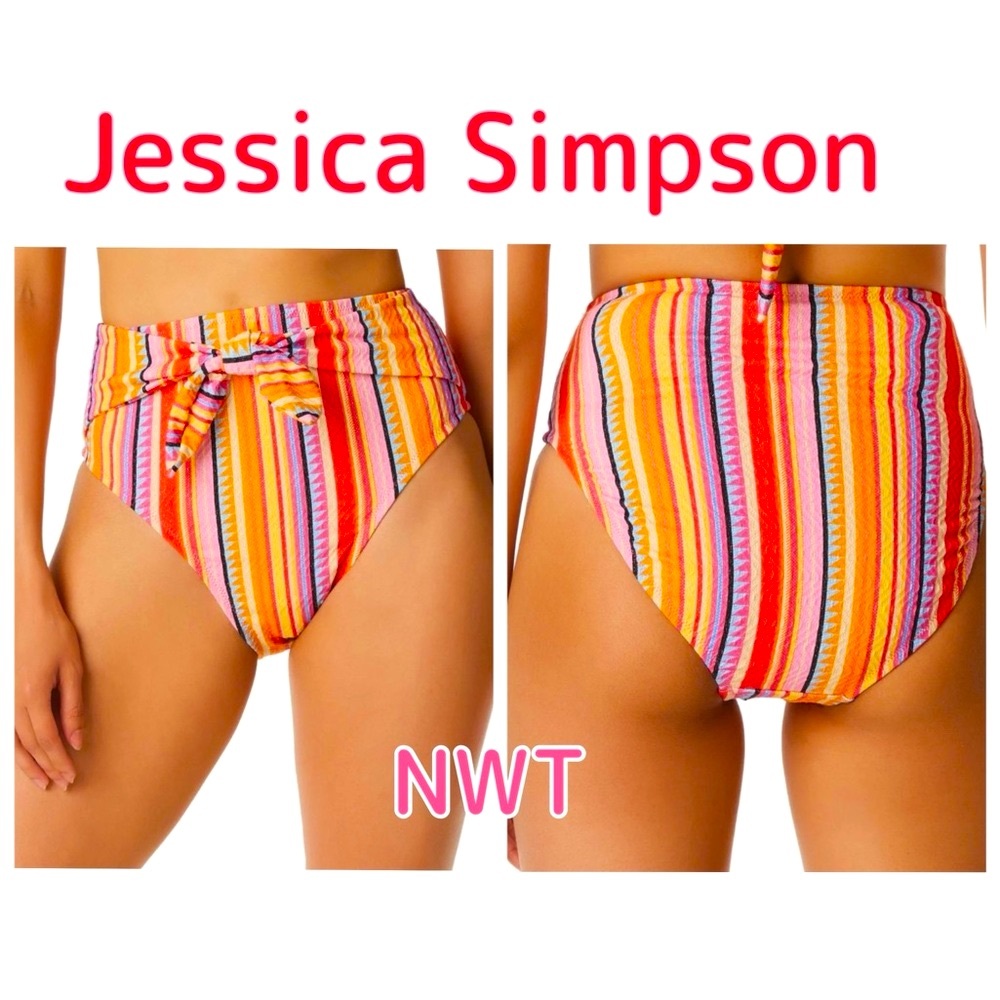 NWT S high rise swim bottoms in red orange pink gold blue beige stripe w bow tie